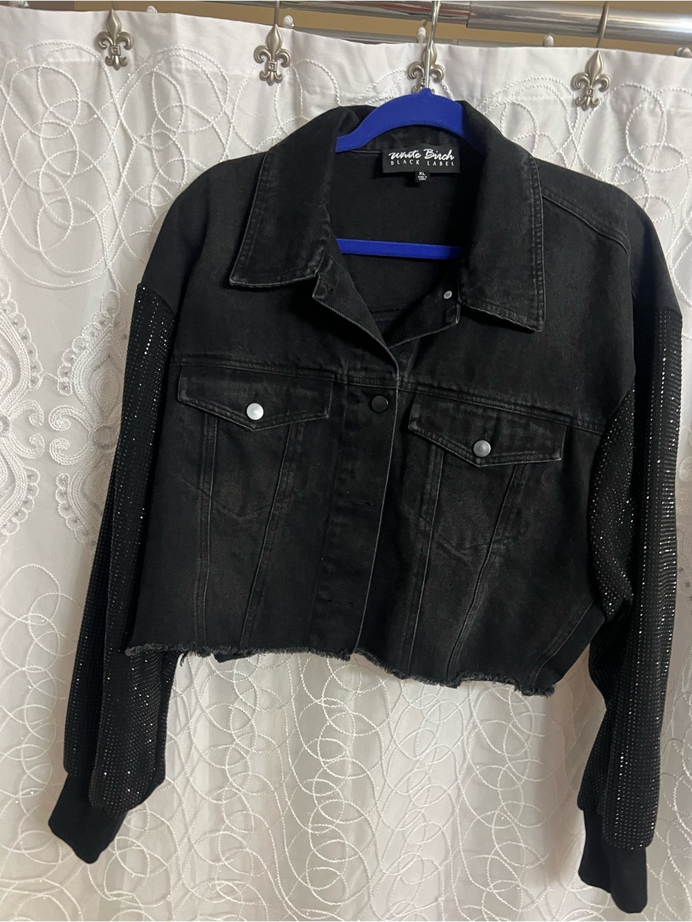 white birch Black Cropped Denim Jacket with Sparkle Sleeve Detail